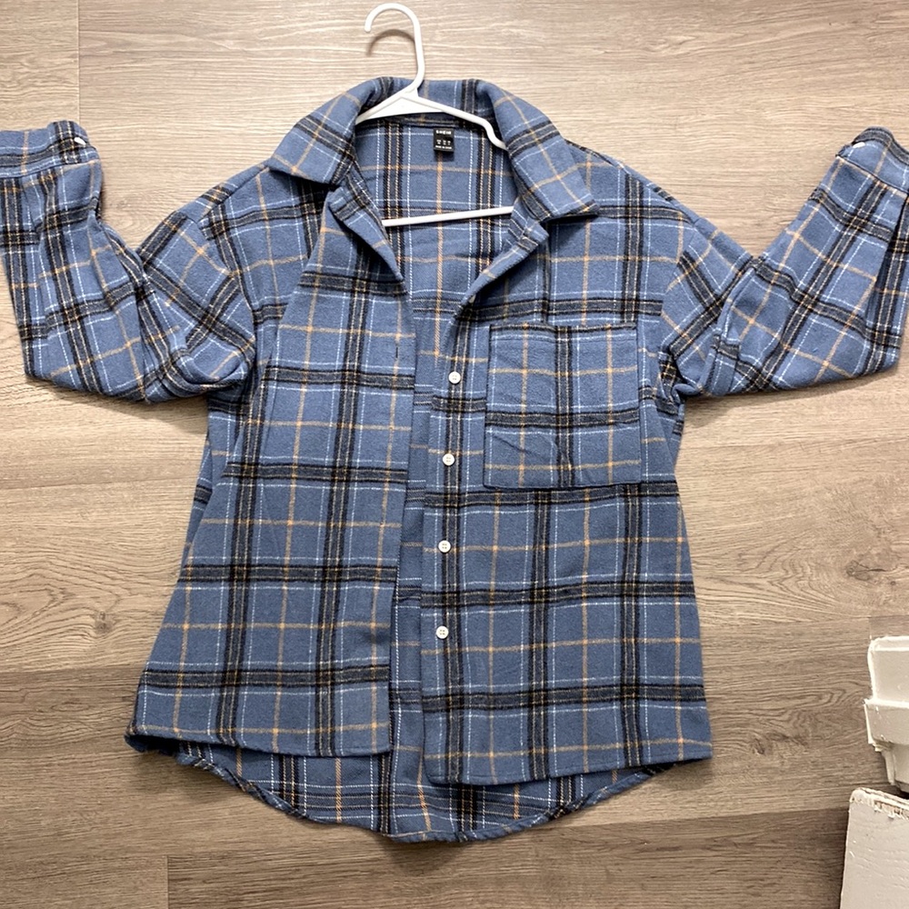 SHEIN Blue Plaid Collard Thick Flannel Coat